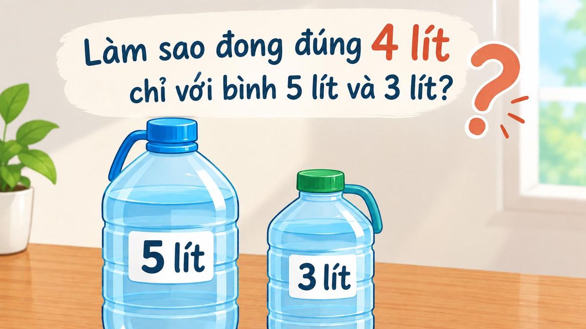 Giải đáp câu đố: Làm sao đong đúng 4 lít chỉ với bình 5 lít và 3 lít?
